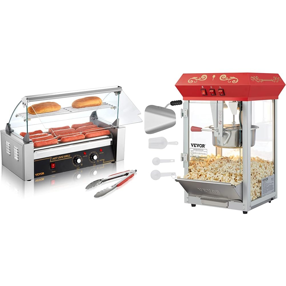VEVOR Hot Dog Roller Machine 5 Rollers 12 Sausages 750W With Popcorn Machine 8 Oz Kettle 850W Countertop 48 Cups
