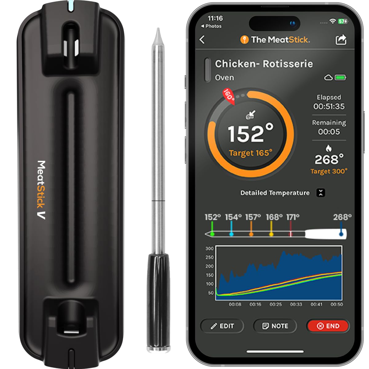 MeatStick V Wireless Meat Thermometer, 1200°F Heat Resistance, Unlimited Range WiFi & Bluetooth, Smart Digital Probe for Grilling, Smoking, Sous Vide, BBQ, Air Fryer, Oven, Smoker, Kitchen Cooking