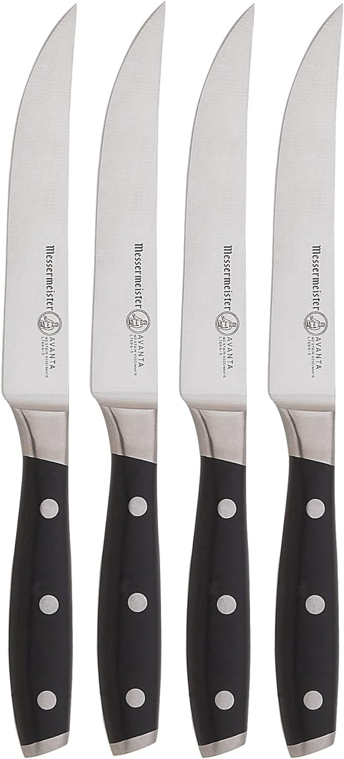 Messermeister Avanta 5\u201D Fine Edge Steak Knife Set - German X50 Stainless Steel - Rust Resistant & Easy to Maintain - Includes 4 Steak Knives