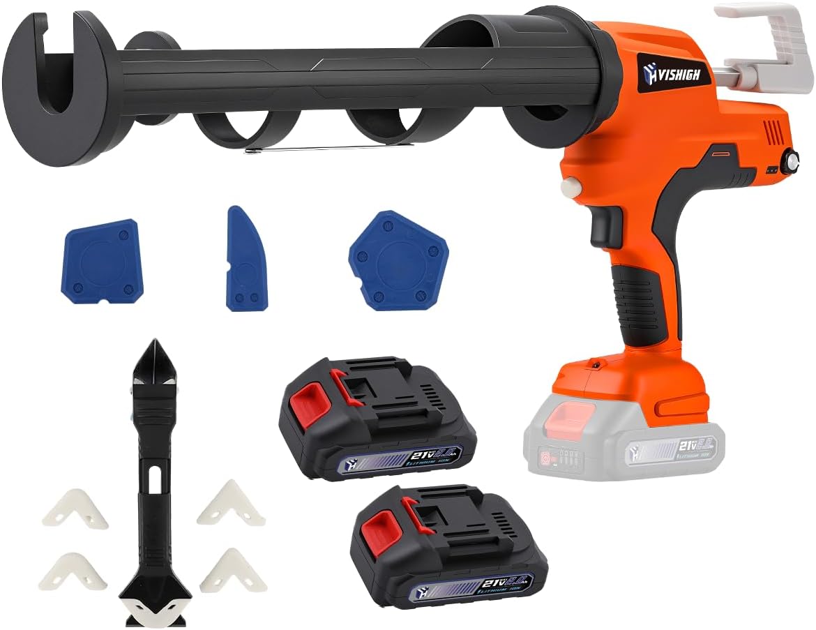 VISHIGH Cordless Caulking Gun 29 oz with 2 Batteries 2Ah, Auto Retract, LED Light, 6500N 0-9.5mm/s Stepless Speed Control