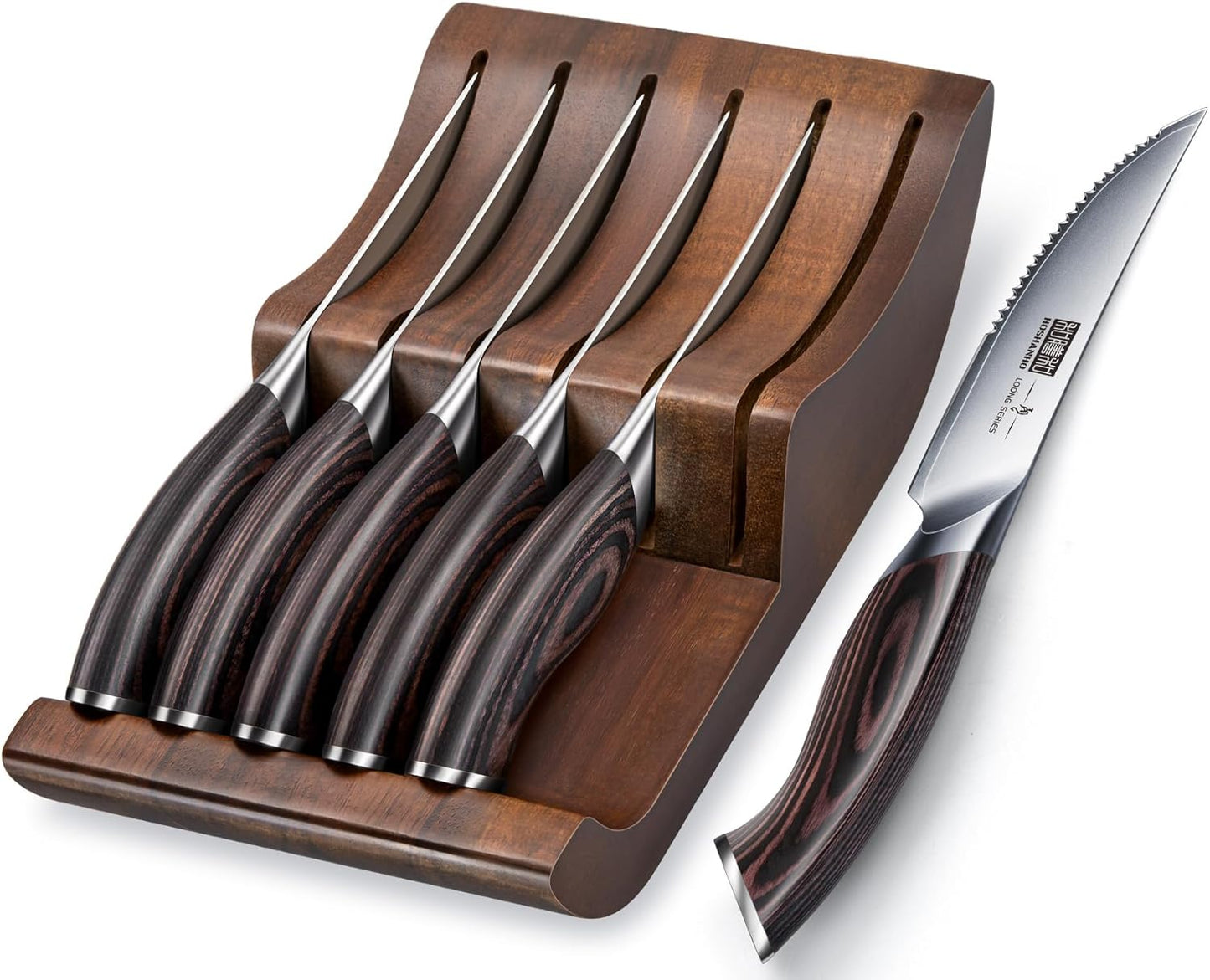 HOSHANHO Steak Knives Set of 7, 4.5 Inch Serrated Steak Knife Set with Block, Japanese High Carbon Steel Kitchen Steak Knives with Ergonomic Handle