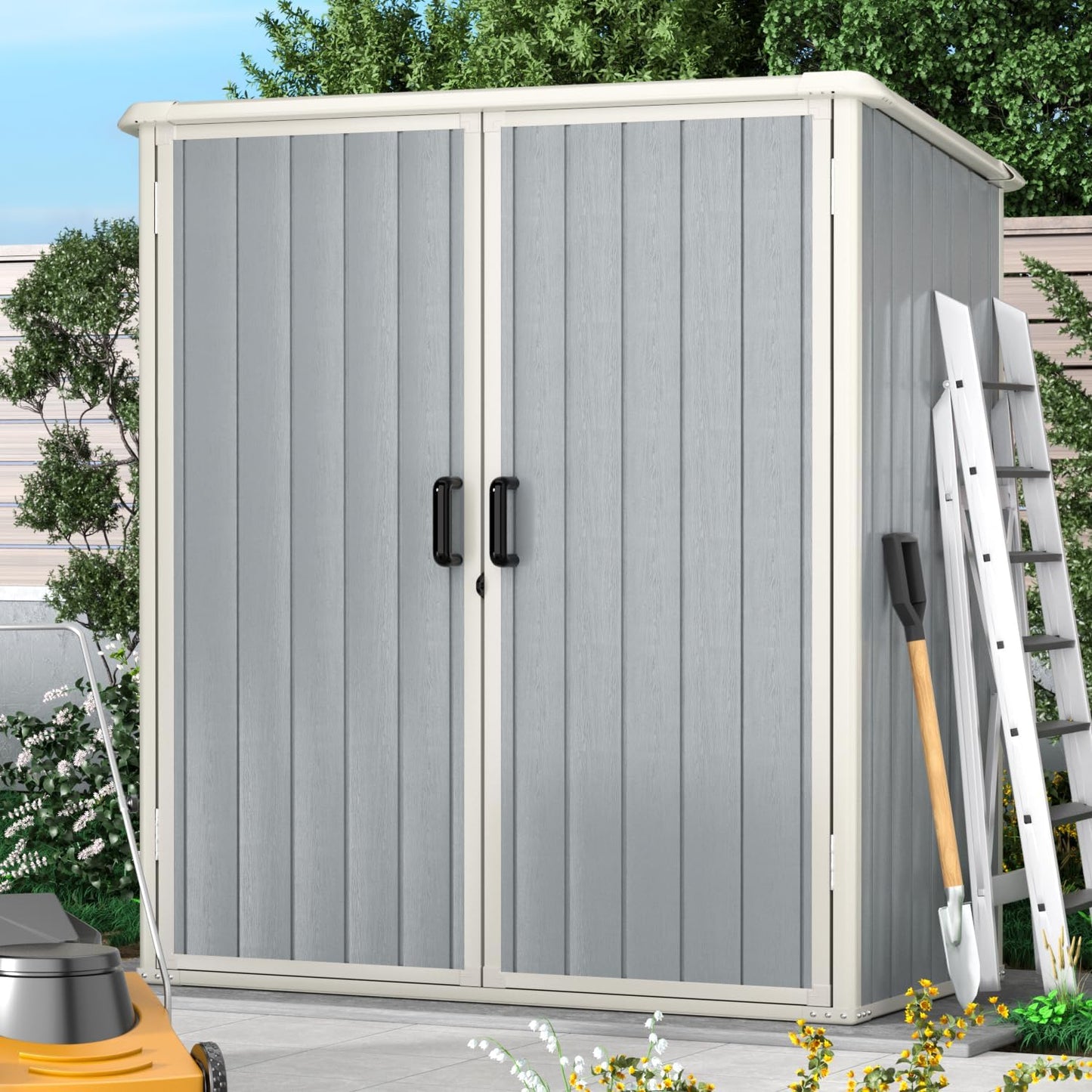 AOXUN Outdoor Storage Shed 5 x 3FT Resin Shed with Floor and Lockable Door Plastic Sheds for Garbage Can Tool Accessories Lawn Garden
