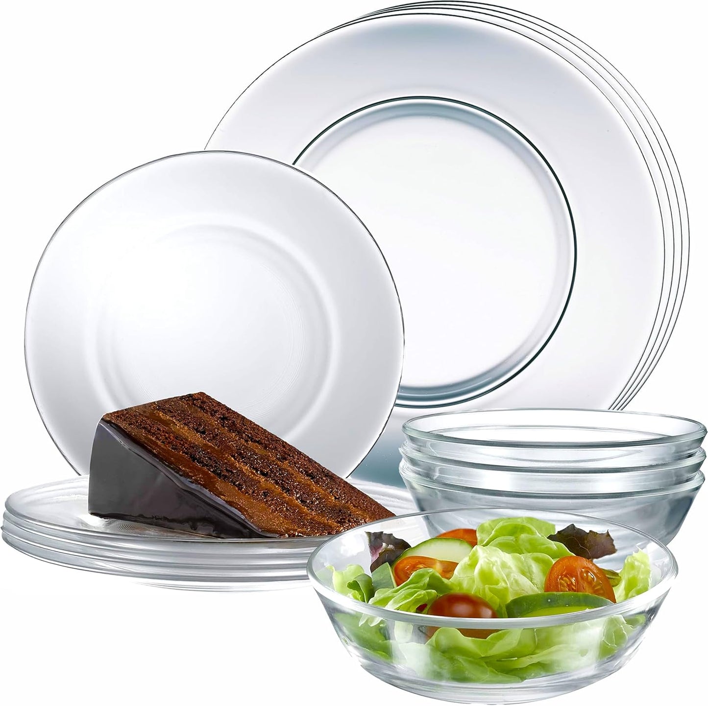 12pc Glass Dinnerware Set - Sleek Round Clear Glass Plate and Bowl Sets - Dishwasher Safe, Bread & Butter Dinner, Dessert, Salad Plates & Serving Cereal Soup Bowls Dishes for Kitchen Dining & Parties