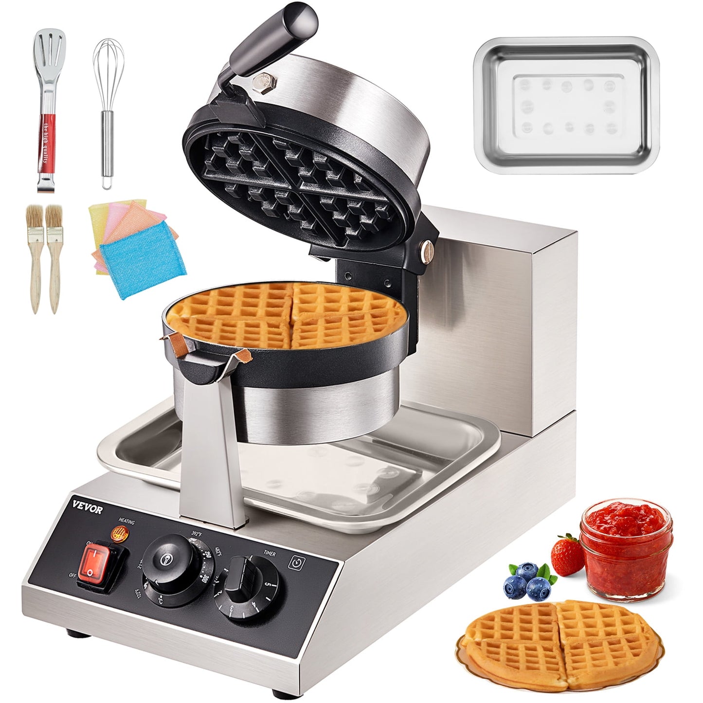 KFFKFF 1300W Rotatable Non-Stick Waffle Iron 120V Commerical Round Waffle Maker