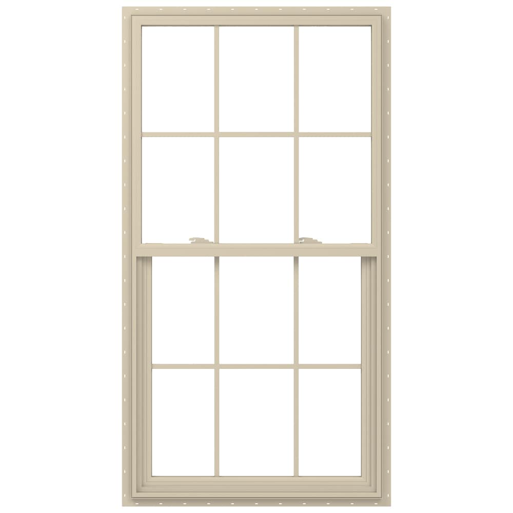 JELD-WEN V-2500 Almond Exterior Vinyl New construction Single Hung Window Low-E argon Double Pane Glass with Grids, (Half Screen Included)