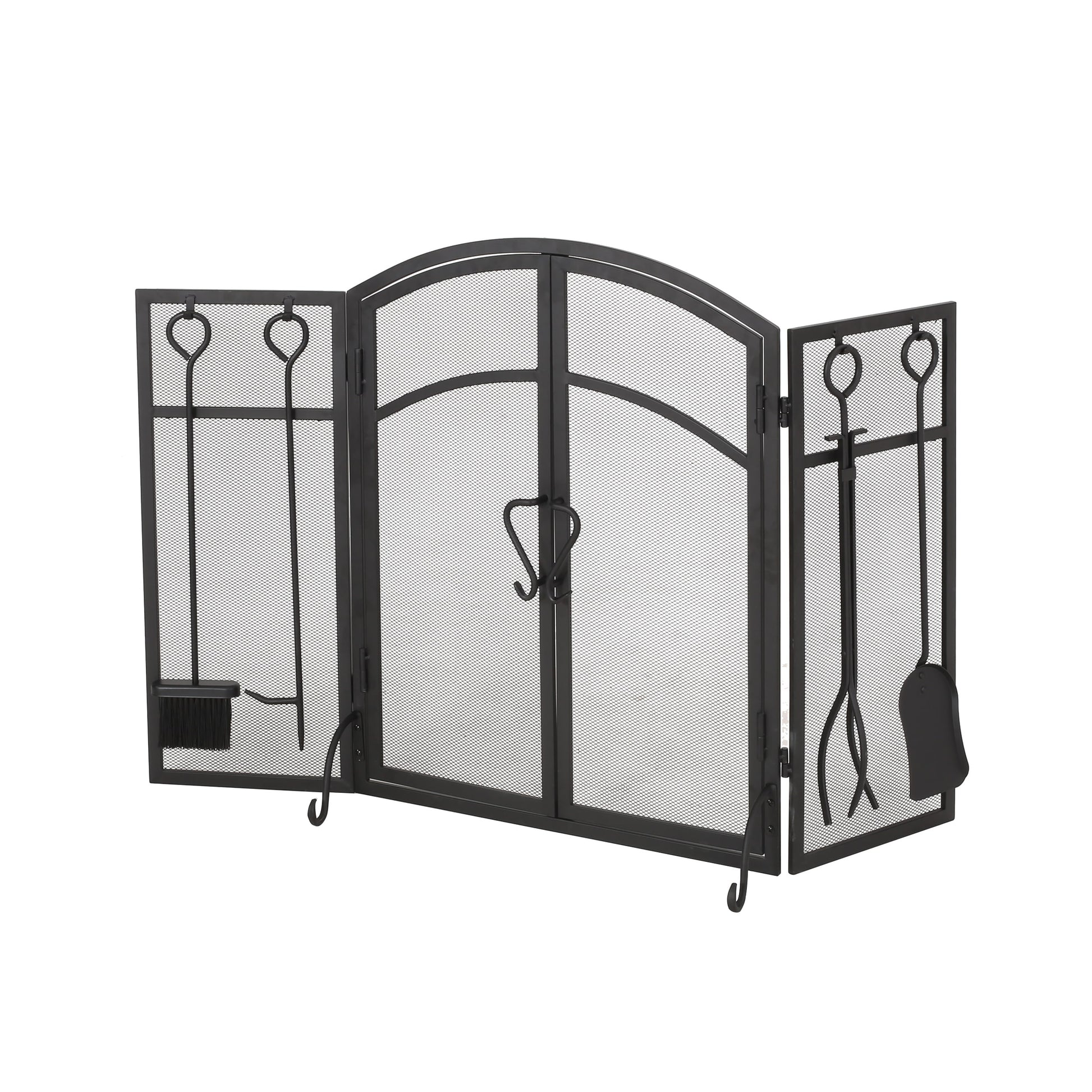 Best Selling Home Decor 50.5-in Matte Black Iron 4-Panel Arched Twin Fireplace Screen 311634