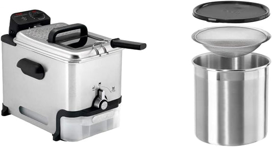 T-fal Deep Fryer with Basket, Easy to Clean, Oil Filtration, 2.6-Pound, Silver, Model FR8000 & OGGI Cooking Grease Container, 4 Quart, Stainless Steel