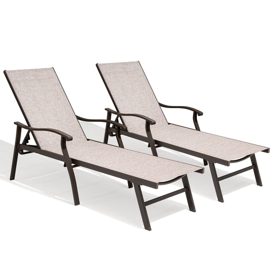 Crestlive Products 2 PCS Outdoor Patio Adjustable Chaise Lounge Chair Set of 2 Brwon Aluminum Frame Stationary Chaise Lounge Chair with Brown Texteline Sling Seat