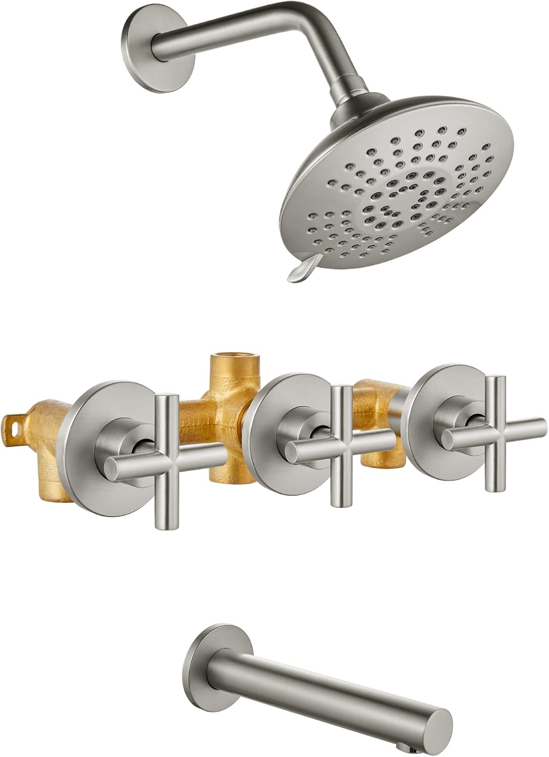 Cinwiny 3 Handles Tub Shower faucet set with Tub Spout Wall Mount 5-setting 6 Inch Round Shower Head Bathtub Filler Bathroom Tub and Shower Trim Kit with Brass Mixer Valve,Brushed Nickel