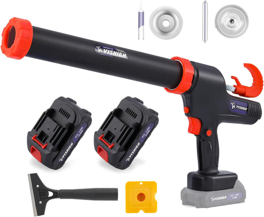 VISHIGH Cordless Caulking Gun, 21V Electric Caulk and Adhesive Gun for 10oz-20oz/300-600ml Cartridges and Sausage Packs with 2 Battery and Anti-Dripping VH-CG01