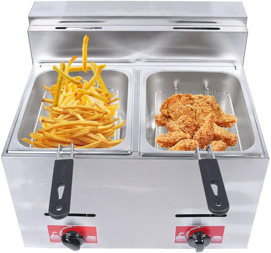 12L Dual Tanks Commercial LPG Gas Deep Fryer w/ 2 Fry Baskets High Capacity Countertop Kitchen Stainless Steel Frying Machine for French Fry Restaurants Supermarkets Fast Food Stands (Type B)