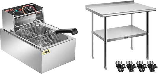 VIVOHOME 2500W 10.6 QT Electric Deep Fryer with 6.3 QT Removable Basket with VIVOHOME 24 x 36 Inch Stainless Steel Work Table with Backsplash, Food Prep Commercial Table with Wheels