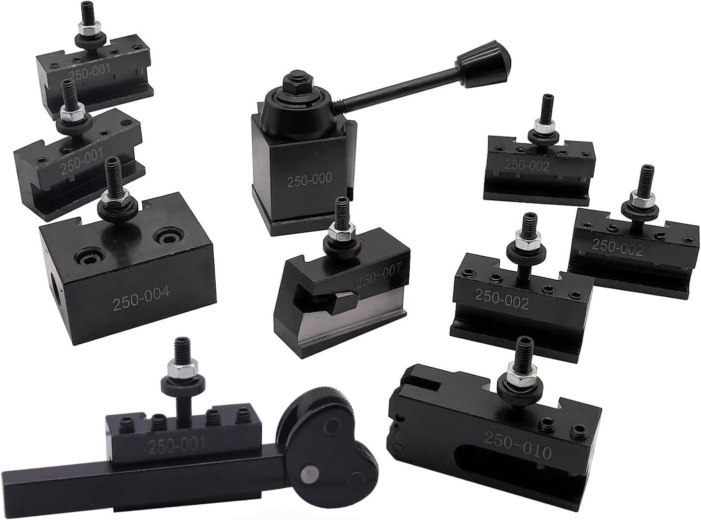 11Pcs OXA Wedge Type Quick Change Tool Post 250-000 Set Plus 2 extra 250-001 & 2 extra 250-002 For Mini Lathe 6-9" with 1pc Two Wheel Knurling Tool can be used separately with any square tool holders