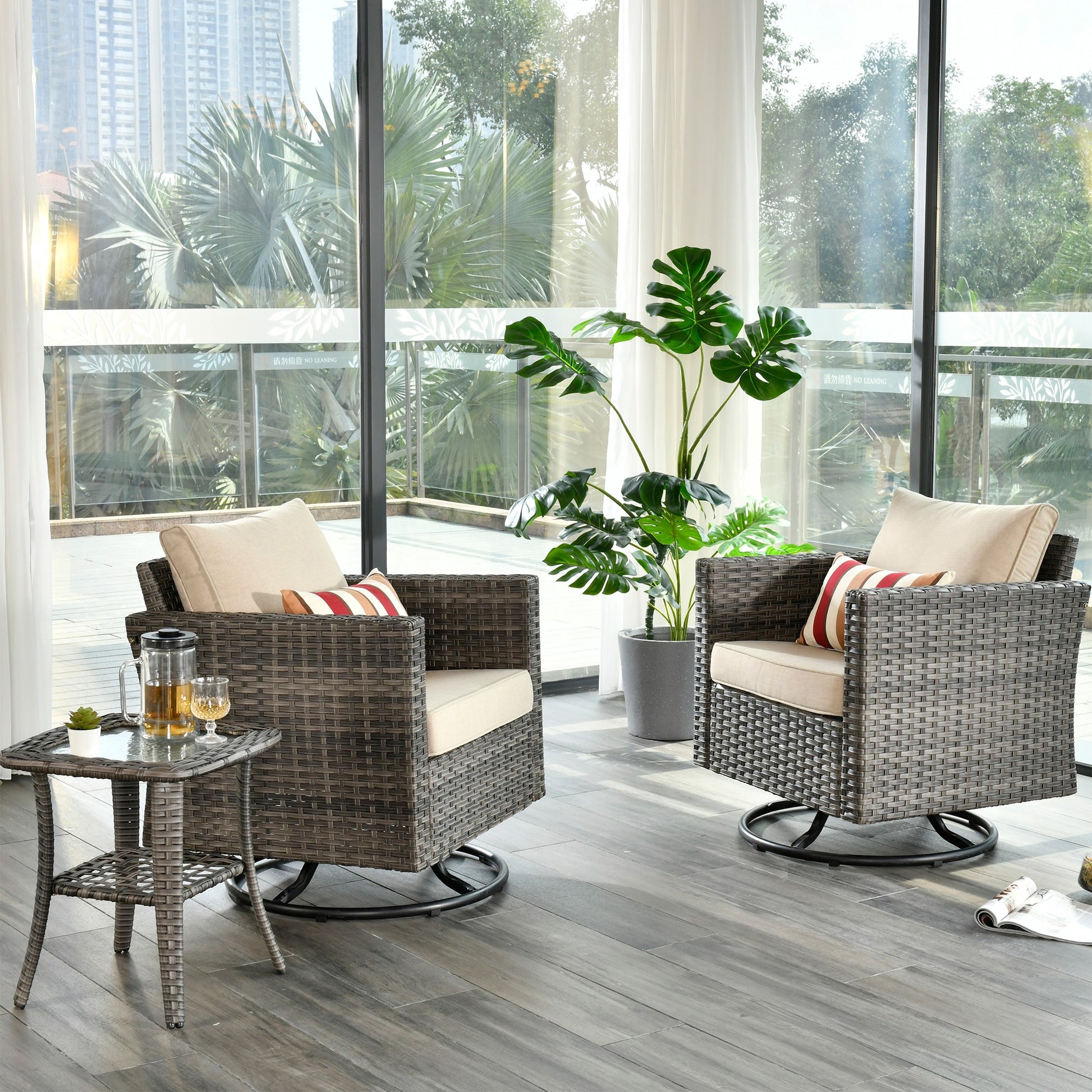 Ovios 3 -Piece Wicker Patio Conversation Set with Beige Cushions