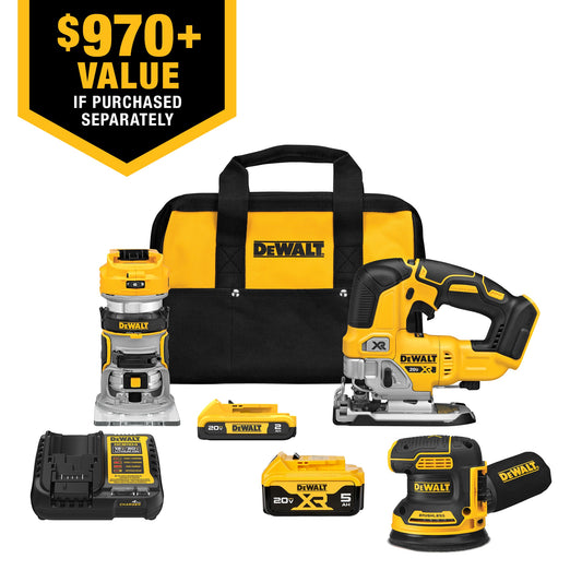 DEWALT 20V MAX XR 3-Tool Brushless Woodworking Power Tool Combo Kit with Soft Case (2-Batteries and Charger Included)