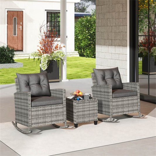 BABOOM Outdoor Rocking Set 3 -Piece Rattan Patio Conversation Set with Gray Cushions