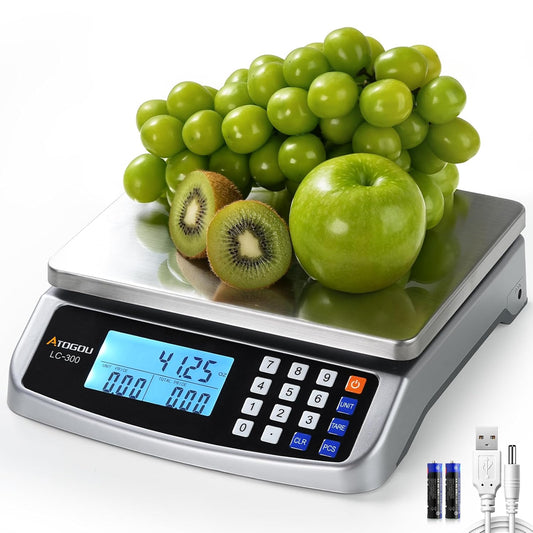 110lb Food Scale, Commercial Kitchen Scale with Price Computing, Plug-in Usable, 0.05oz\/1g, 304 Stainless Steel, for Cooking, Vegetables, Farm, Industry, Counting. LC300 Silver