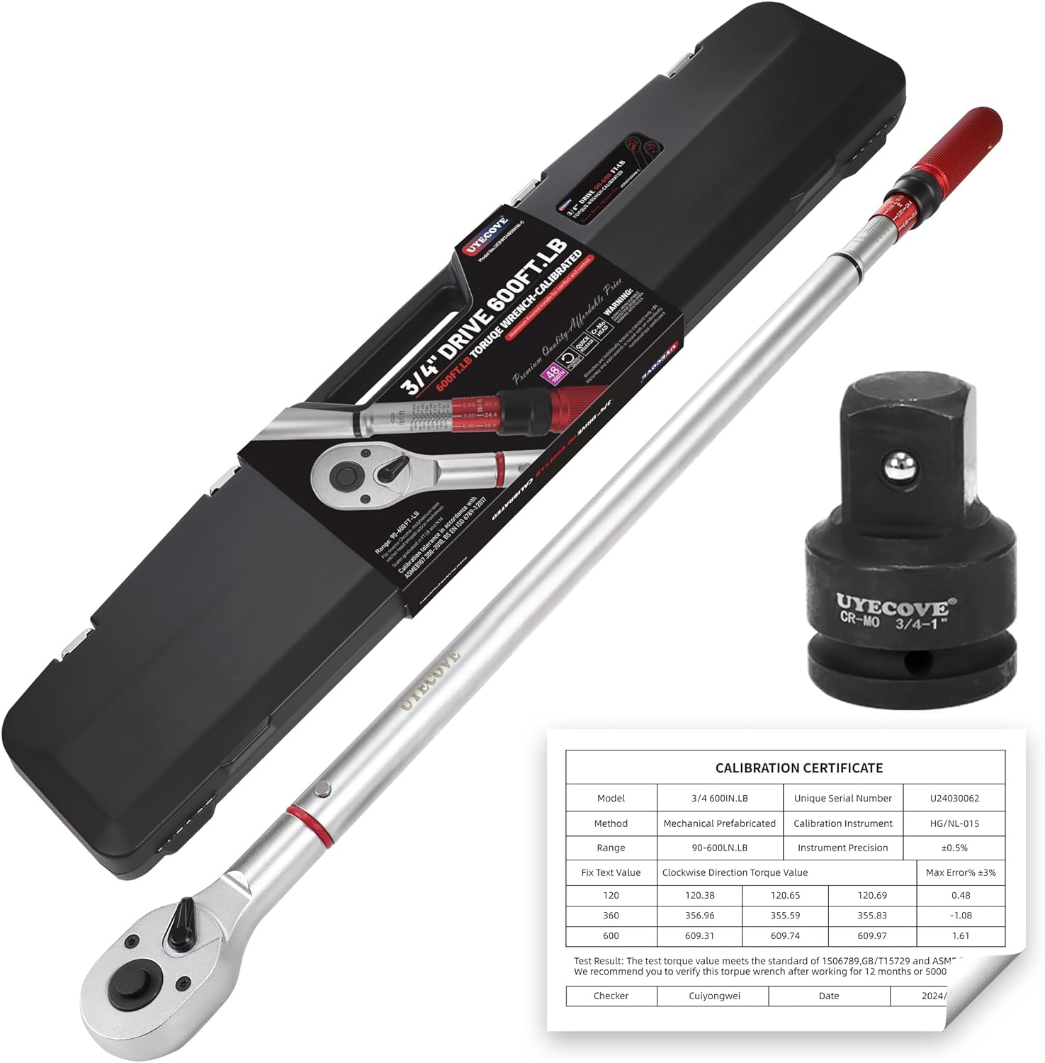 UYECOVE 3\/4 Inch Torque Wrench, 48 Tooth Torque Wrench 3\/4 Drive 100-600FT.LB\/135-815N.M with a Solid Storage Case