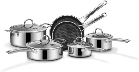 SNOWCLAD Pots and Pans Set Non Stick, 10 Pcs Hybrid Stainless Steel Cookware Sets, Non Stick Frying Pans, Saucepans, Saute Pan & Stock Pot, PFOA Free Kitchen Skillet,Induction Compatible