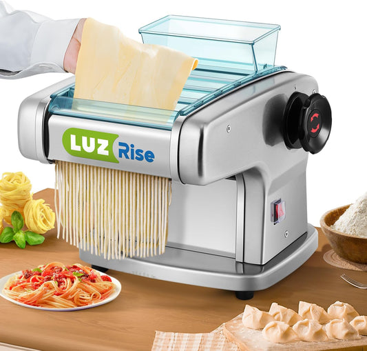 Luzrise Electric Pasta Maker Automatic Noodle Machine Fresh Pasta Dough Roller Stainless Steel(4 Blades for 2mm,2.5mm,4mm&9mm Flat Noodle,9 Thickness Settings 0.5-5mm,Family Use, Output 10LBS\/H,135W)
