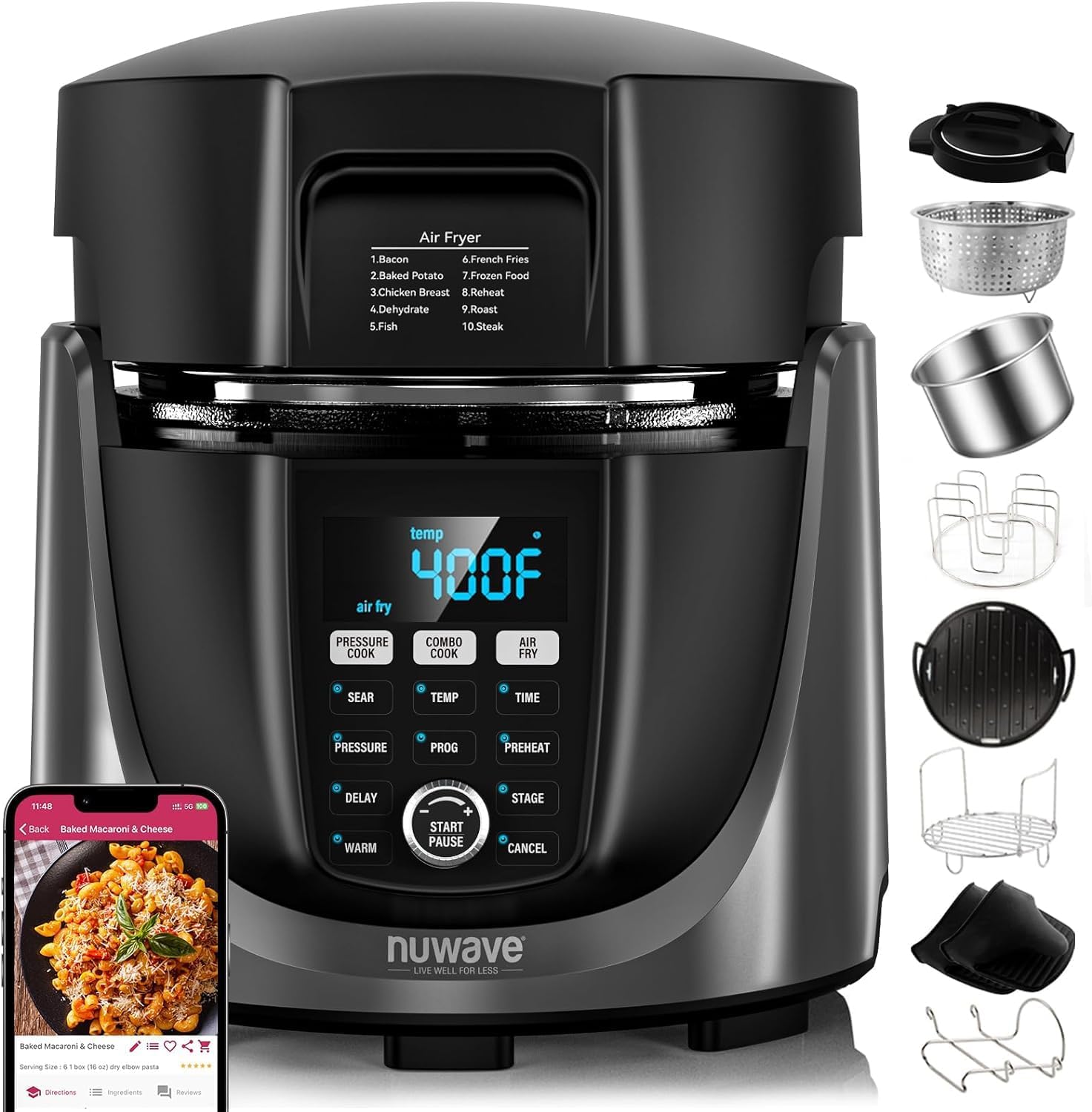 Nuwave Duet Air Fryer, Electric Pressure Cooker & Grill Combo, 540 IN 1 Multicooker with 2 Removable Lids, Slow Cook, Sears, Sautés, 18\/10 SS Pot, Sure-Lock Safety Tech & 9 Deluxe Accessories