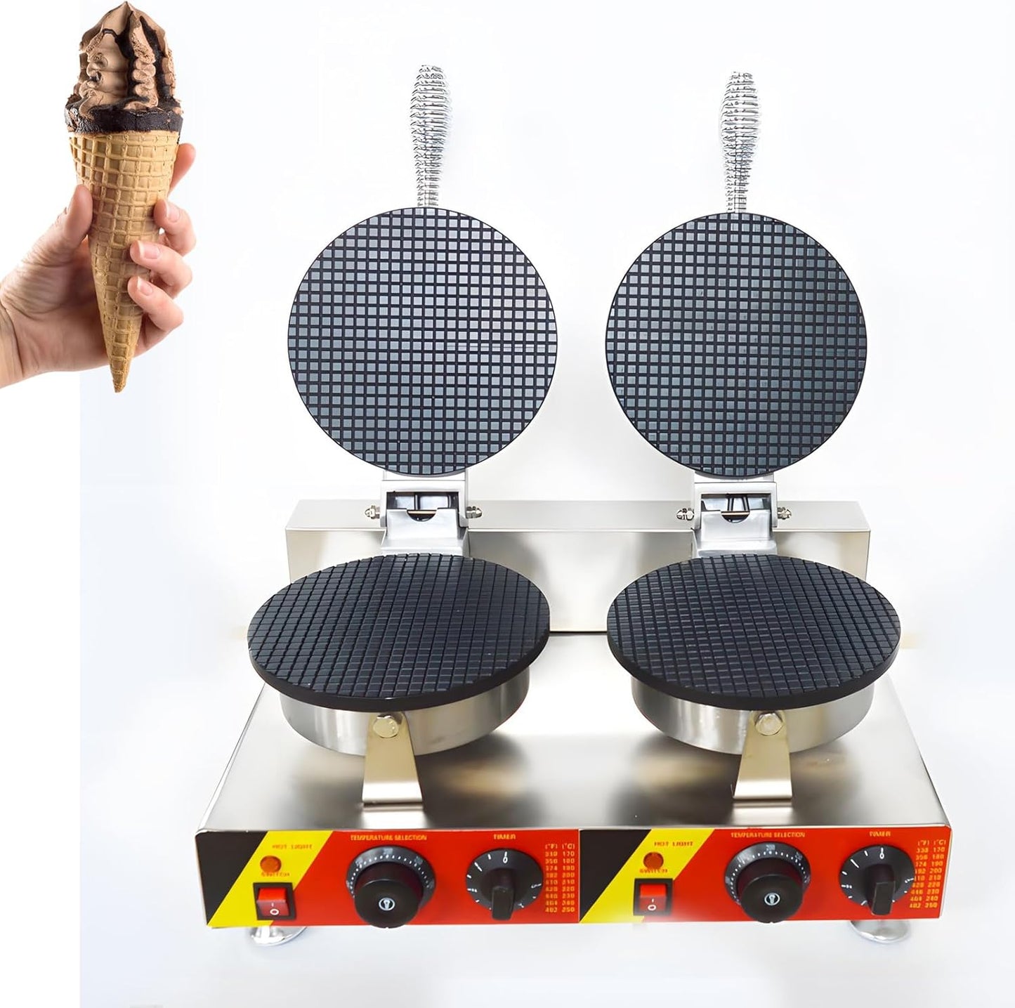 110V Commercial Double Station Ice Cream Cone Maker Machine Waffle Cone Maker Stainless Steel Electric Waffle Cone Maker with Stainless Steel Handles Temperature adjustable 50-300℃