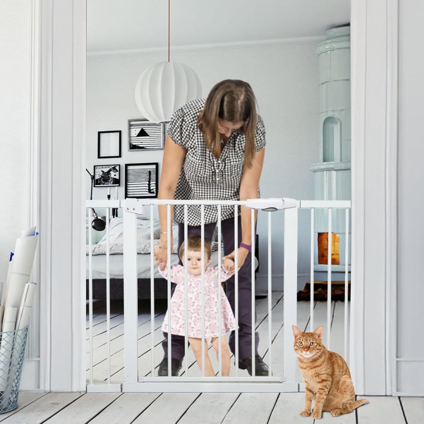 Metal Baby Gate Dog Gate 85.6''-105.2'' Auto Close Extra Wide Pet Gate for Stairs Doorways Pressure Mounted Walk Thru Child Gate with Door NO Need Tools NO Drilling with Wall Cups