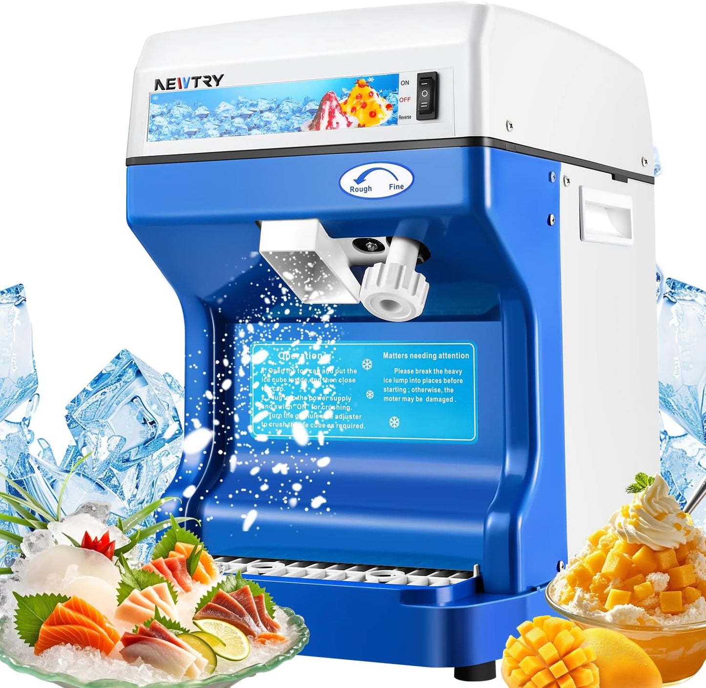 NEWTRY Commercial Ice Shaver Machine Electric Ice Cube Crusher Snow Cone Maker with Aluminum Alloy Blade Thickness Adjustable 260lb/h for Small Ice Cubes Summer Parties Bar Use 110V US