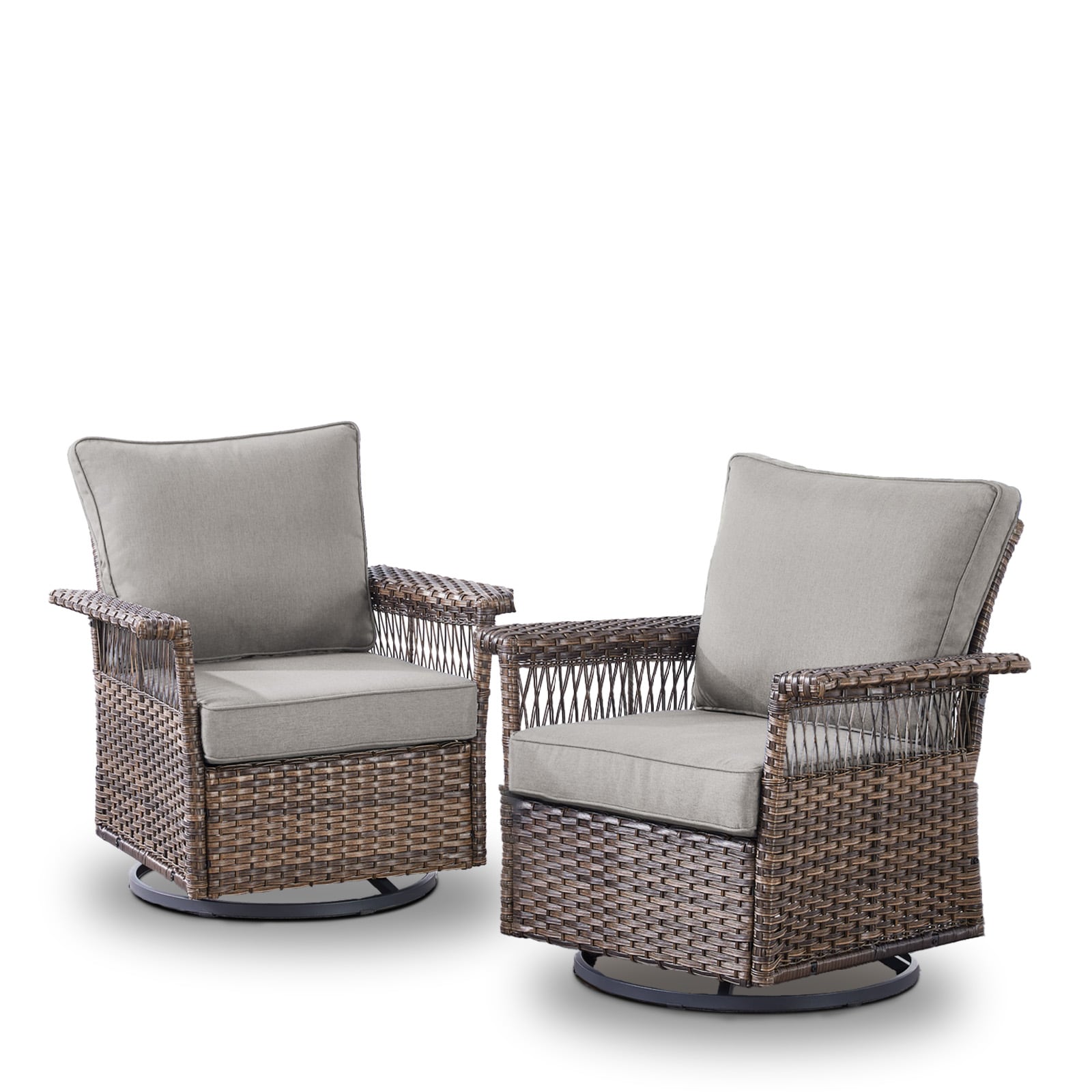 Rilyson Set of 2 Wicker Brown Stainless steel Frame Swivel glider Conversation Chair with Gray Cushioned Seat
