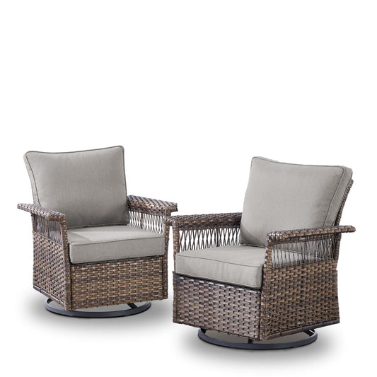 Rilyson Set of 2 Wicker Brown Stainless steel Frame Swivel glider Conversation Chair with Gray Cushioned Seat