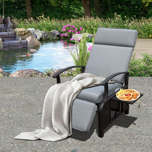 Boyel Living Metal Outdoor Recliner with Flip Table Push Back and Gray Cushions