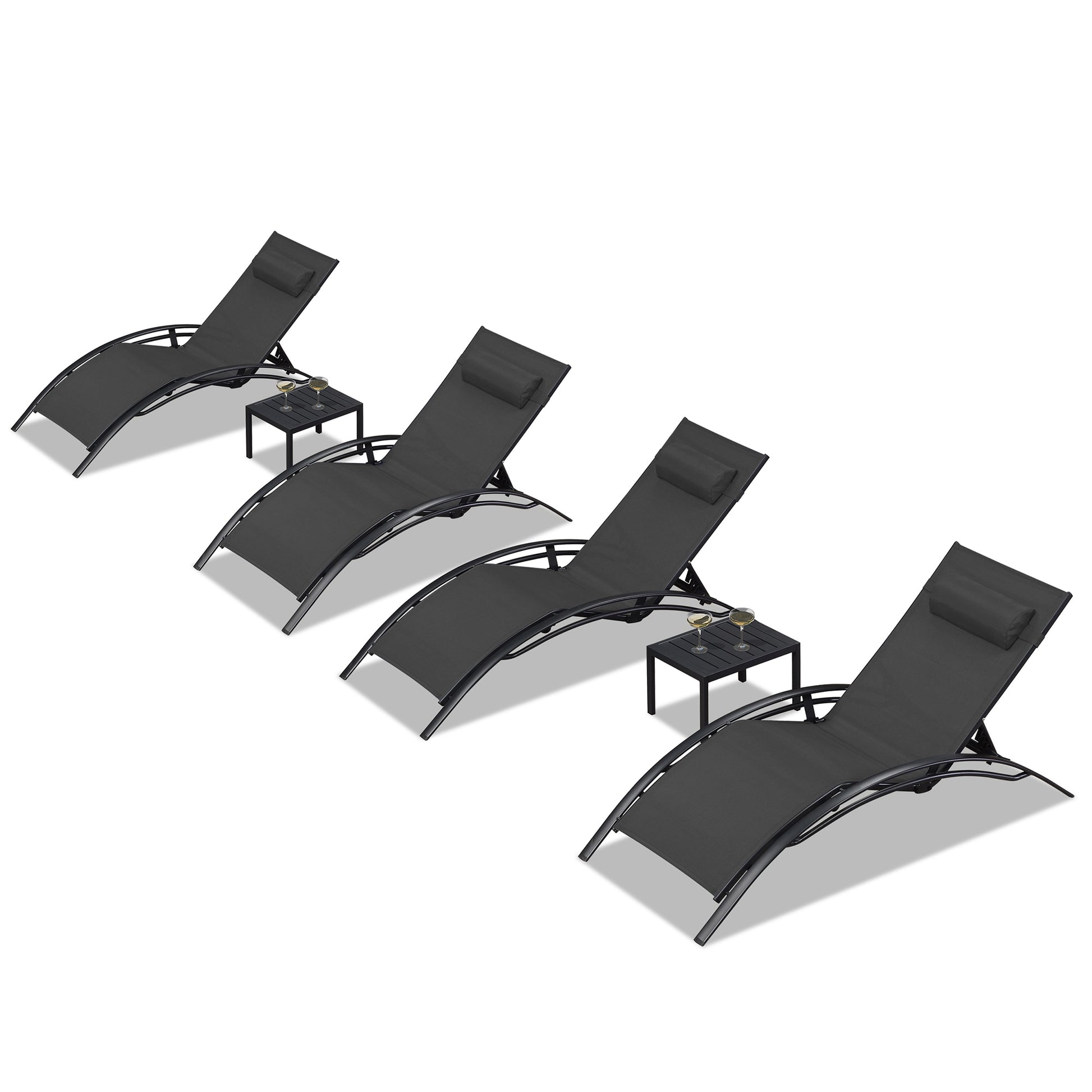 PURPLE LEAF Streamlined Stackable Adjustable Chaise lounge With Table Set of 4 Stackable Oversize Aluminum Frame Stationary Chaise Lounge Chair with Black Cushioned Seat