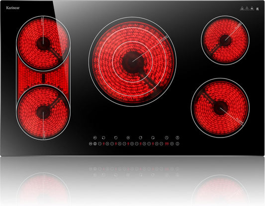 Karinear 36 Inch Electric Cooktop, 5 Burners Electric Stove Top, Flexible Bridge &Triple Ring Expandable Burners, Pause, Timer, Child Safety Lock, 9600W Built-in Ceramic Cooktop for 220-240V Hard Wire