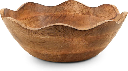 Mela Artisans Wooden Scalloped Bowl - Large | Ruffle Decorative Style | Rustic Kitchen Decor | Mango Wood | Natural Grain Finish | Fits Bread, Fruits, Salad or Popcorn | 12\u201D x 4\u201D x 11\u201D