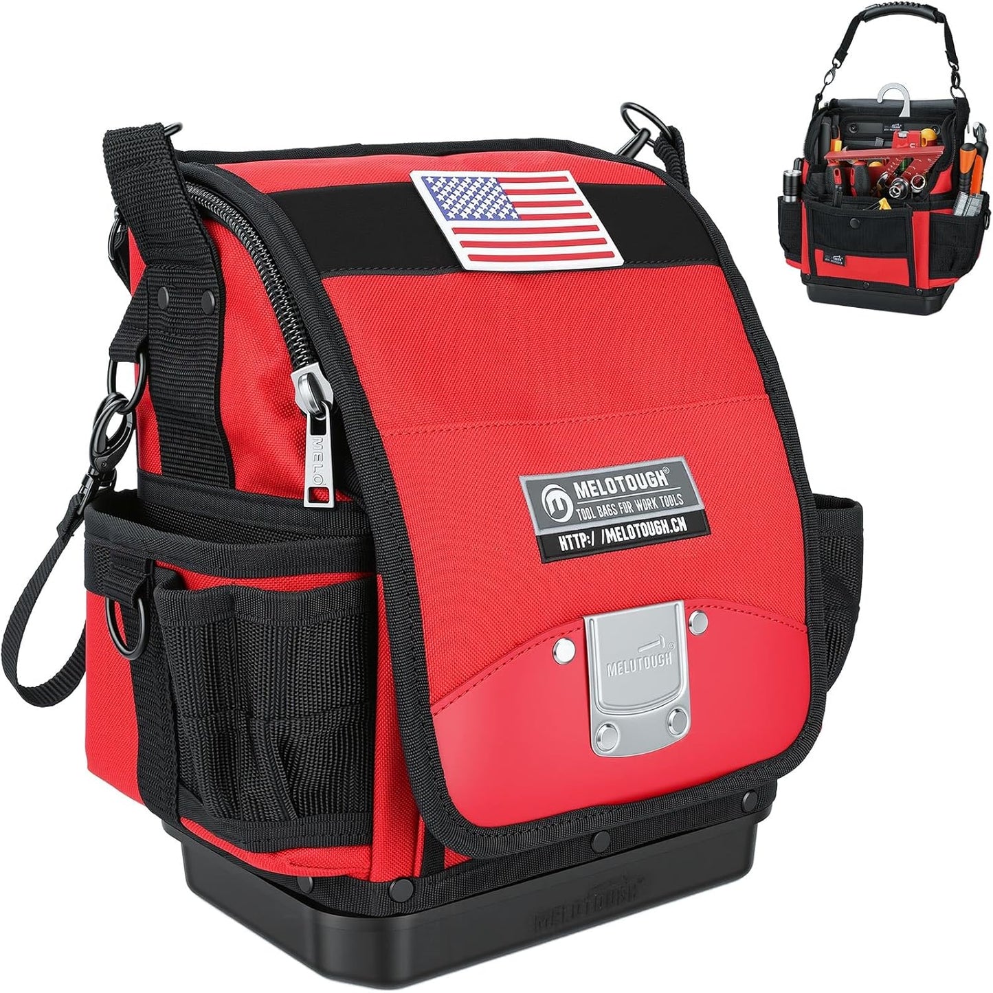 MELOTOUGH Electrician Tool Bag,44-Pockets Pro Pack Tool Bag,Pro Pac,Small Sturdy Base Heavy Duty Tool Pouch with Hard Bottom for Electrician Carpenter/Technican,Red