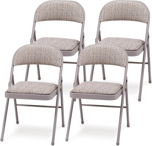 MECO 4-Pack Steel Frame Folding Dining & Event Chairs, Chicory Lace Motif Upholstery, Beige - Foldable Seating with Cushioned Seat and Padded Back for Kitchen, Parties or Game Tables