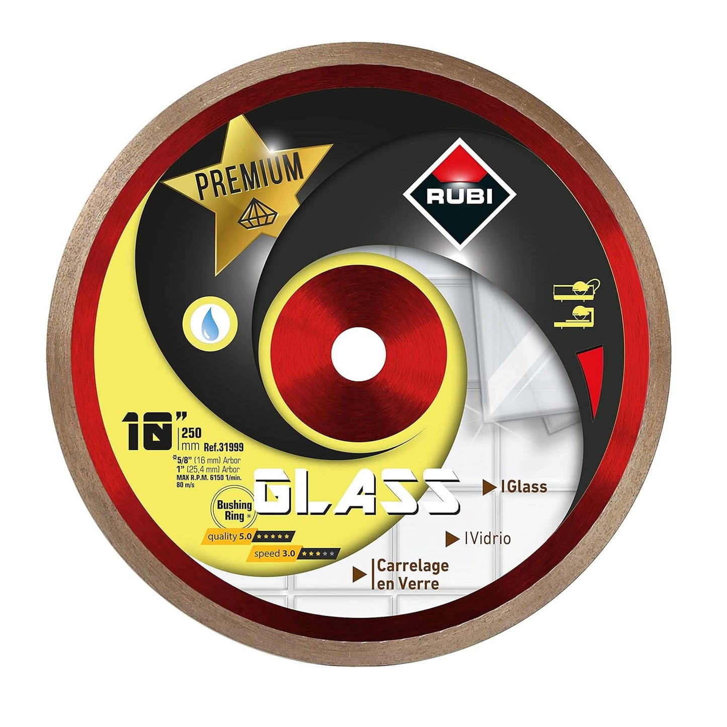 10" Diamond Blade for Glass Cutting \u2013 Premium RUBI Wet Cutting Blade for Glass Mosaic, Glass Blocks, Vitreous Materials \u2013 Low Speed Performance