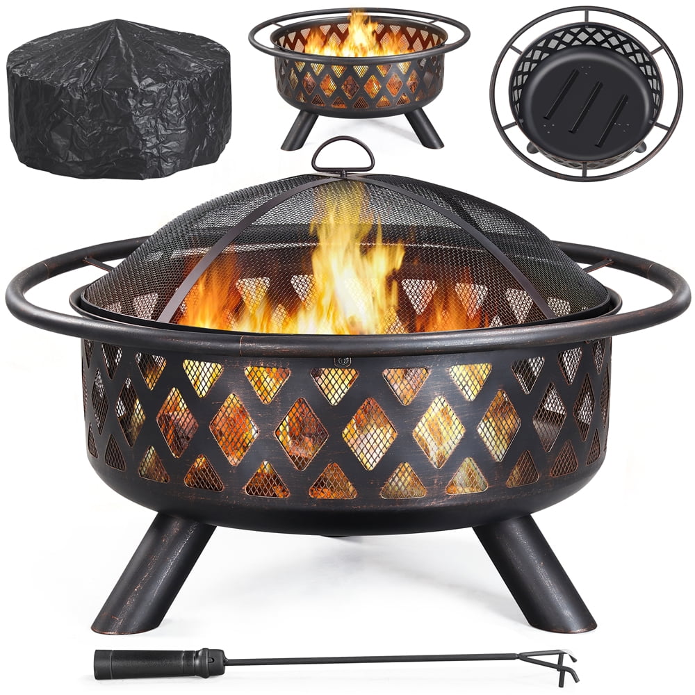 Renwick 36in Outdoor Iron Fire Pit with Mesh Screen Poker, Bronze